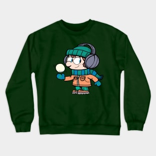 boy throwing a snowball in his hand and playing in the snow Crewneck Sweatshirt